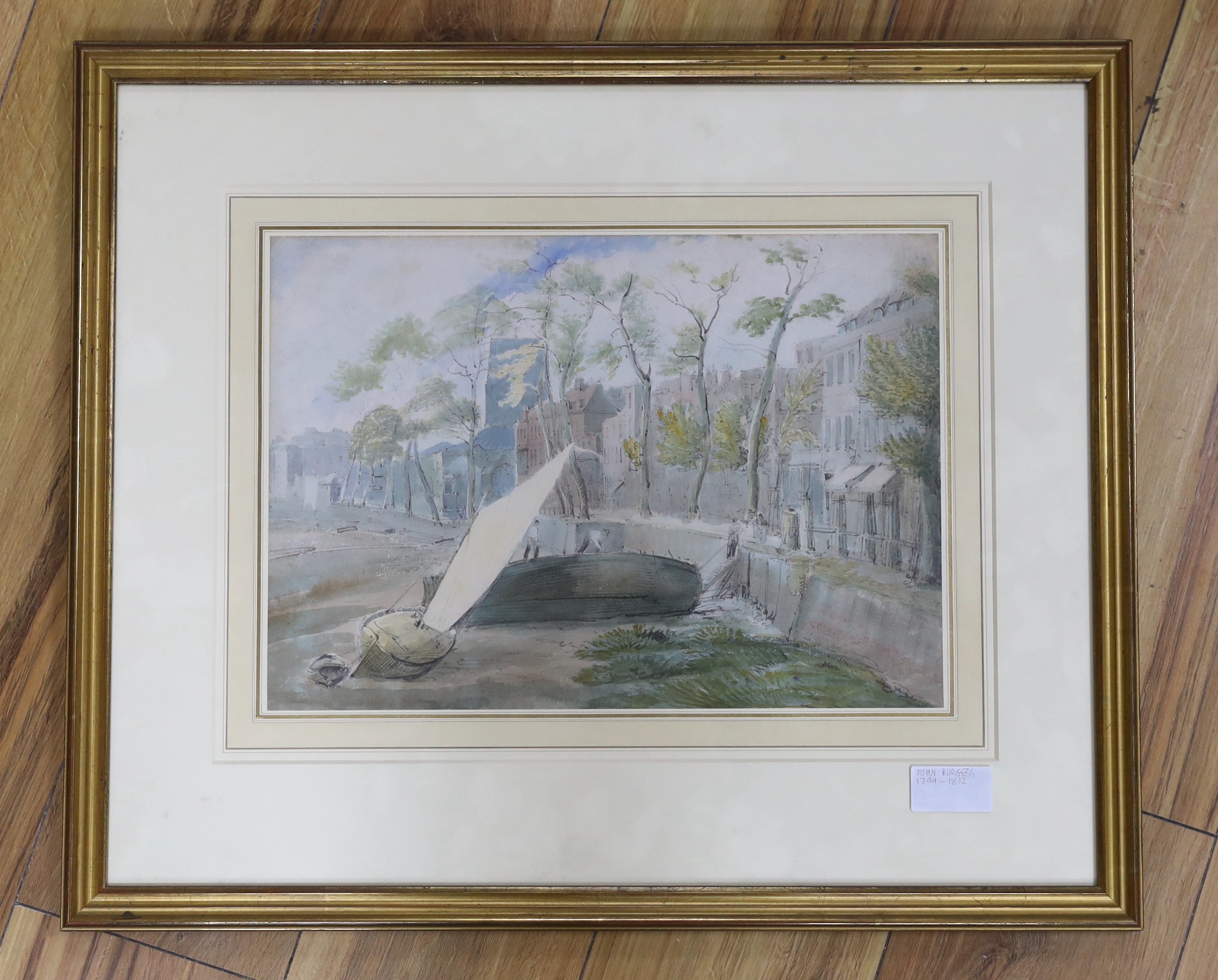 John Burgess (1749-1812), watercolour and pencil, View from Battersea Bridge of Cheyne Walk and Chelsea Old Church, indistinctly signed lower right, 27 x 39cm